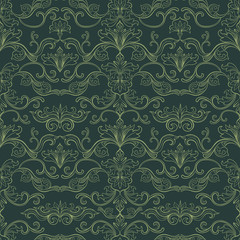 Damask Vector Seamless Pattern. Vintage Style Wallpaper, Carpet or Wrapping Paper Design. Green and Golden Italian Medieval Floral Flourishes, Greek Flowers for Textures. Baroque Leaves