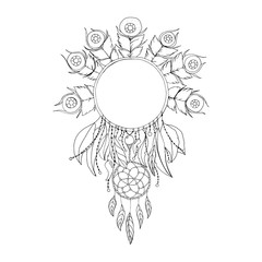 Black and White Dreamcatcher Isolated Vector Symbol. Fashion Illustration for Antistress Coloring Book or Page Design