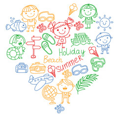 Vector pattern with children icons. Summer vacation at seashore, sea, ocean, beach. Small kids having fun.