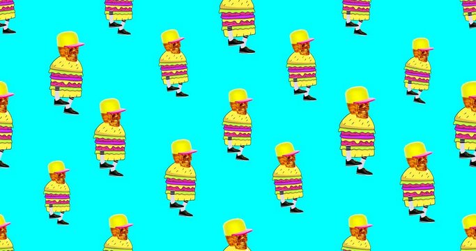 Animation pattern. Burger Skull motion on blue background. Fast food lover art