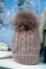 closeup of wool hats in fashion store showroom for women