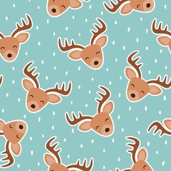 Cute reindeer cartoon deer seamless pattern with snow. Christmas vector illustration