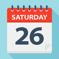 Saturday 26 - Calendar Icon. Vector illustration of week day paper leaf.