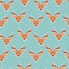 Cute reindeer cartoon deer seamless pattern with snow. Christmas vector illustration