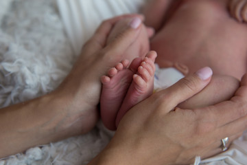 The legs of a newborn baby in the mother's arms. the legs of a newborn baby in his hands . baby's feet. baby feet on khaki background