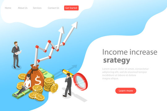 Isometric flat vector landing page template of income increase strategy, financial growth, increasing efficiency.