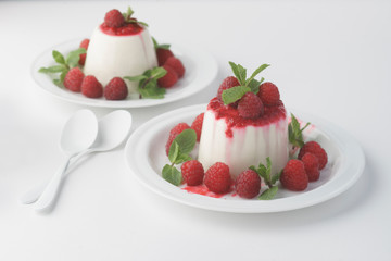 Close up photograph of a tasty panna cotta with strawberries for two