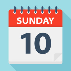 Sunday 10 - Calendar Icon. Vector illustration of week day paper leaf.