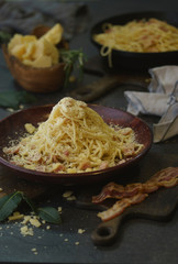 Pasta carbonara . Spaghetti with parmesan cheese and bacon