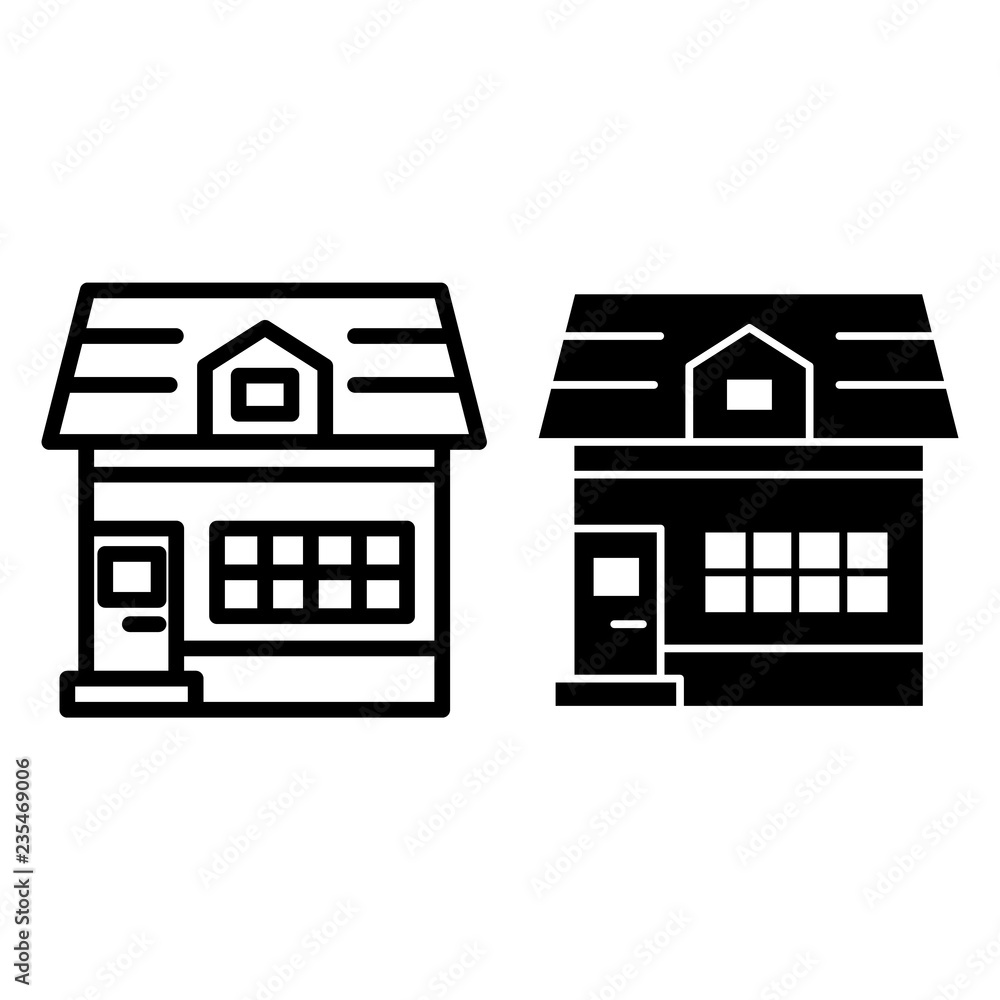 Poster house with mansard window line and glyph icon. small cottage with attic vector illustration isolated
