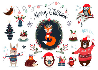 Christmas elements collection with cute winter items, vector design