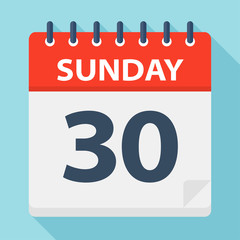 Sunday 30 - Calendar Icon. Vector illustration of week day paper leaf.