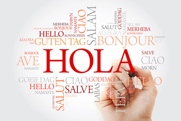 Hola! (Hello Greeting in Spanish) word cloud in different languages of the world with marker, background concept © dizain