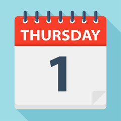 Thursday 1 - Calendar Icon. Vector illustration of week day paper leaf.