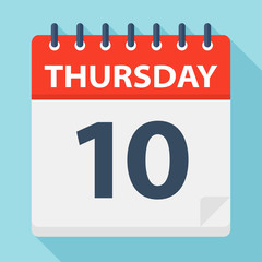 Thursday 10 - Calendar Icon. Vector illustration of week day paper leaf.