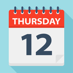 Thursday 12 - Calendar Icon. Vector illustration of week day paper leaf.