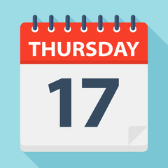 Thursday 17 - Calendar Icon. Vector illustration of week day paper leaf.