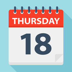 Thursday 18 - Calendar Icon. Vector illustration of week day paper leaf.