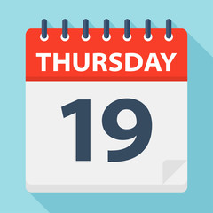 Thursday 19 - Calendar Icon. Vector illustration of week day paper leaf.