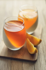White and orange fruit jelly poured diagonally