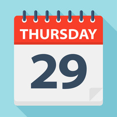 Thursday 29 - Calendar Icon. Vector illustration of week day paper leaf.