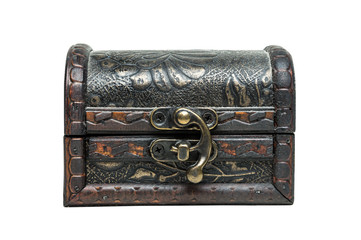 A wodden vintage box, chest on white background. Front