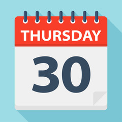 Thursday 30 - Calendar Icon. Vector illustration of week day paper leaf.