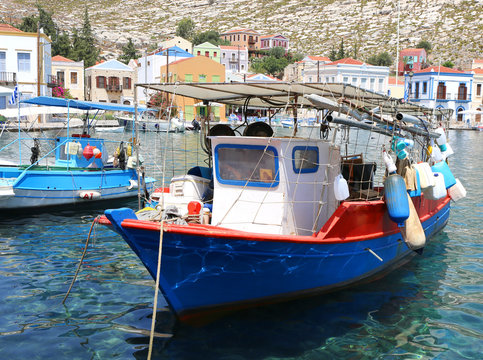 Greek Fishing Boats tied at the Port in Kastellorizo,Greece