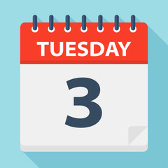 Tuesday 3 - Calendar Icon. Vector illustration of week day paper leaf.