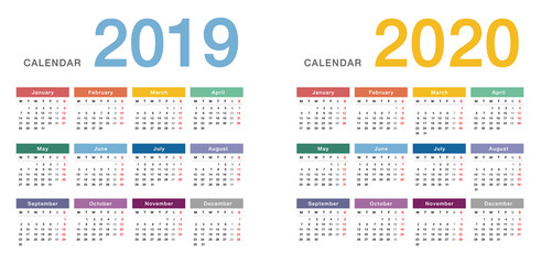 Colorful Year 2019 and Year 2020 calendar horizontal vector design template, simple and clean design. Calendar for 2019 and 2020 on White Background for organization and business. Week Starts Monday.