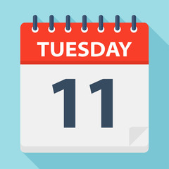 Tuesday 11 - Calendar Icon. Vector illustration of week day paper leaf.