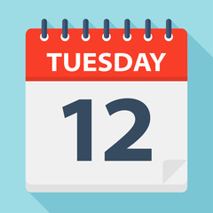 Tuesday 12 - Calendar Icon. Vector illustration of week day paper leaf.