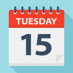 Tuesday 15 - Calendar Icon. Vector illustration of week day paper leaf.