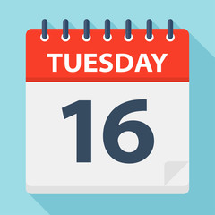 Tuesday 16 - Calendar Icon. Vector illustration of week day paper leaf.