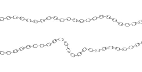 3d rendering of two strips of polished steel chains lying curled on a white background.