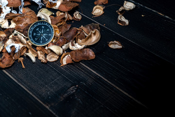 golden compass put on dried leaves on  wooden retro black table