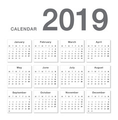 Calendar year 2019 vector design template, simple and clean design. Calendar for 2019 on White Background for organization and business. Week Starts Monday. Simple Vector Template. EPS10.