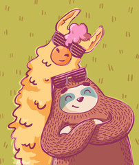 cute cartoon lama alpaca with sloth in retro glasses. friendship and best friend forever concept. colorful children's poster