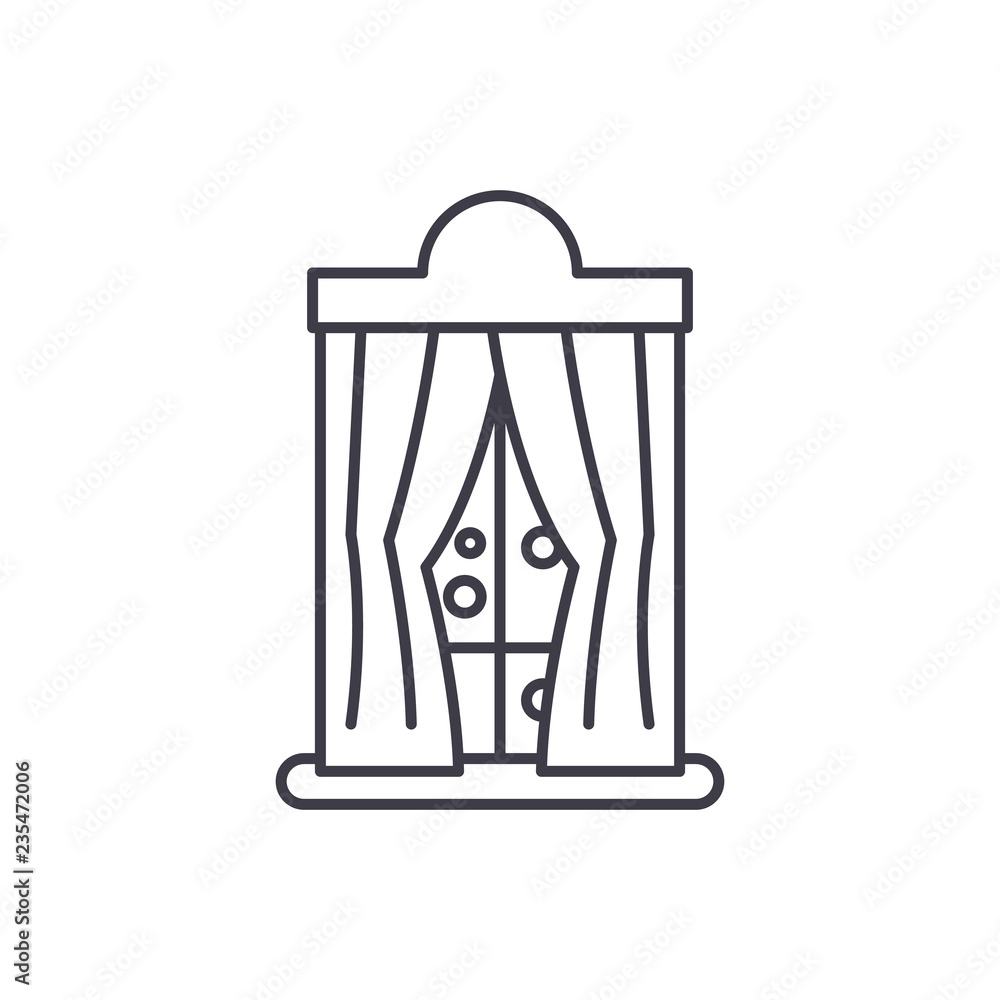 Poster window with curtains in winter line icon concept. window with curtains in winter vector linear illus