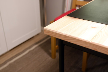 Empty wooden table and blurred kitchen background, bokeh