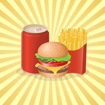 Burger, fries and soda in a tin can - cute cartoon colored picture. Graphic design elements for menu, poster, brochure. Vector illustration of fast food for bistro, snackbar, cafe or restaurant.