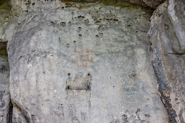 Old wall writings in the cowshed (german: Kuhstall) in Kirnitzschtal, Saxony, Germany