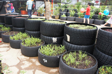 Plant planter box is made from used F1 racing car tires. Used directly or stacked with each other based on the size of the planted tree.