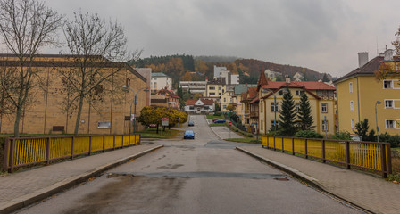 Houses in Luhacovice spa town in autumn hot morning