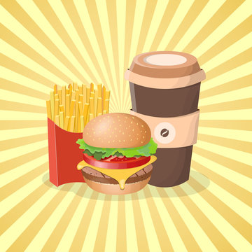 Burger, french fries and coffee to go - cute cartoon colored picture. Graphic design elements for menu, packaging, advertising, poster, brochure or background. Vector illustration of fast food.