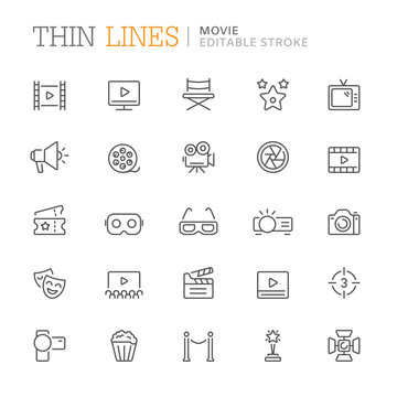 Collection of movie related line icons. Editable stroke