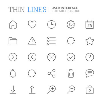 Collection of user interface related line icons. Editable stroke