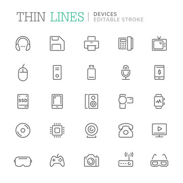 Collection of devices related line icons. Editable stroke