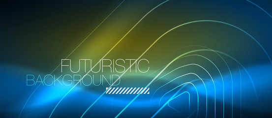 Neon glowing techno lines, hi-tech futuristic abstract background template with geometric shapes