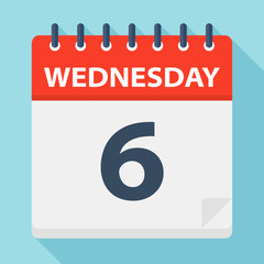 Wednesday 6 - Calendar Icon. Vector illustration of week day paper leaf.